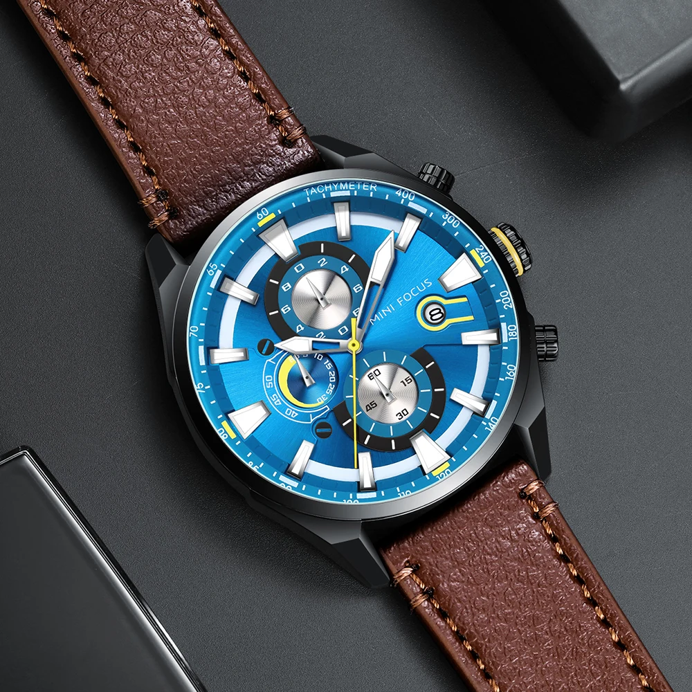 Ceasuri Sport Barbati 2020 Moda Cuarț Ceas de Lux Pentru Omul Impermeabil Cadrane Albastru Curea Piele, Cronograf Masculin Ceas MINIFOCUS