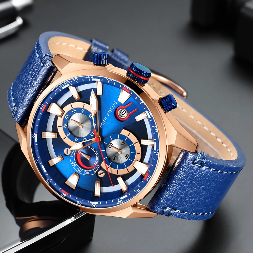 Ceasuri Sport Barbati 2020 Moda Cuarț Ceas de Lux Pentru Omul Impermeabil Cadrane Albastru Curea Piele, Cronograf Masculin Ceas MINIFOCUS