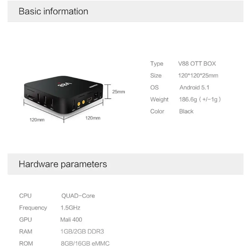 1Set V88 Android 7.1/8.1 RK3229 Quad Core Smart TV Box de 1 gb+8 GB/2 GB+16 GB HD WiFi Player Multimedia Set Top Box