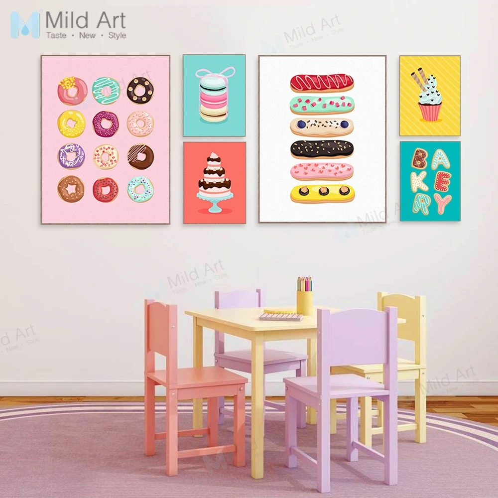 Culoare Kawaii Prăjituri Dulci Alimente Gogoașă Postere, Printuri Grils Camera Pentru Copii Arta De Perete Imagini Cafe Bucătărie Decor Acasă Tablouri Canvas