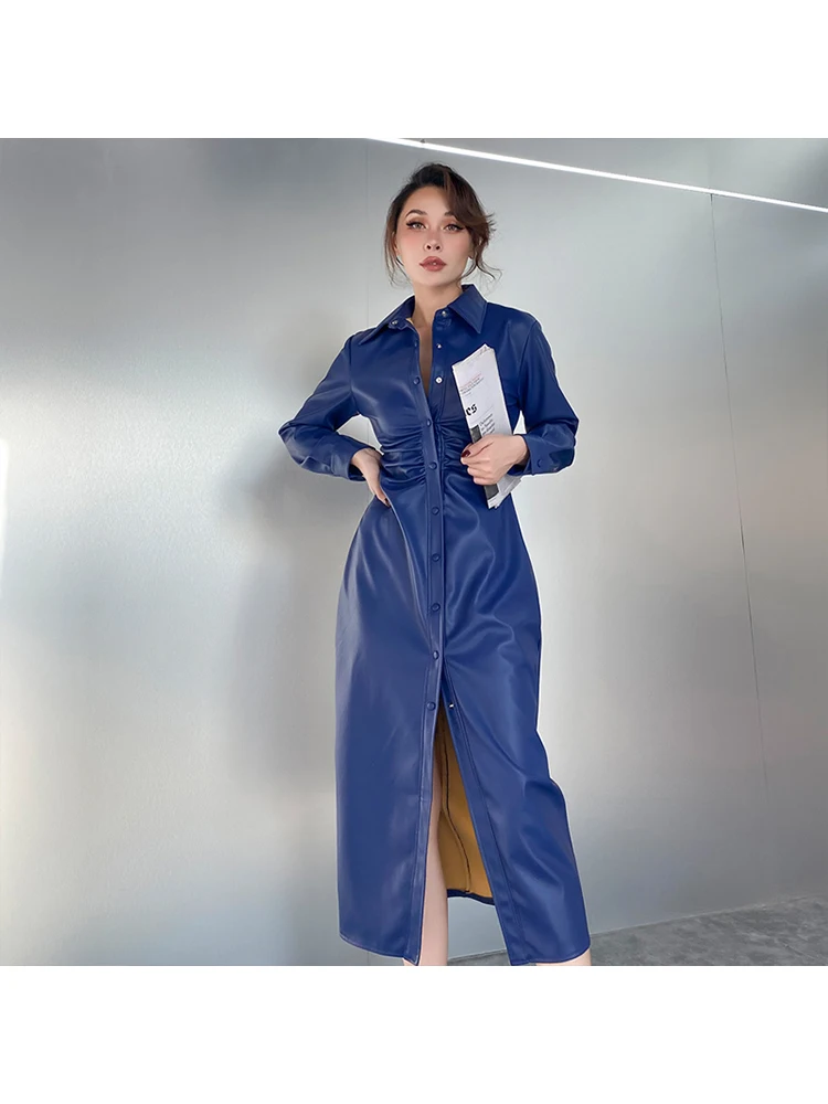 2020 Toamna Iarna Noi Toate-meci Slim Vintage Moda Casual Alb Albastru Pieptul Singur Talie Inalta din Piele PU Rochii Femei
