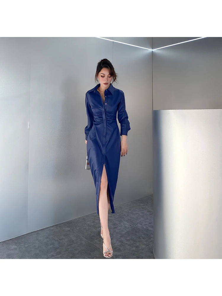 2020 Toamna Iarna Noi Toate-meci Slim Vintage Moda Casual Alb Albastru Pieptul Singur Talie Inalta din Piele PU Rochii Femei