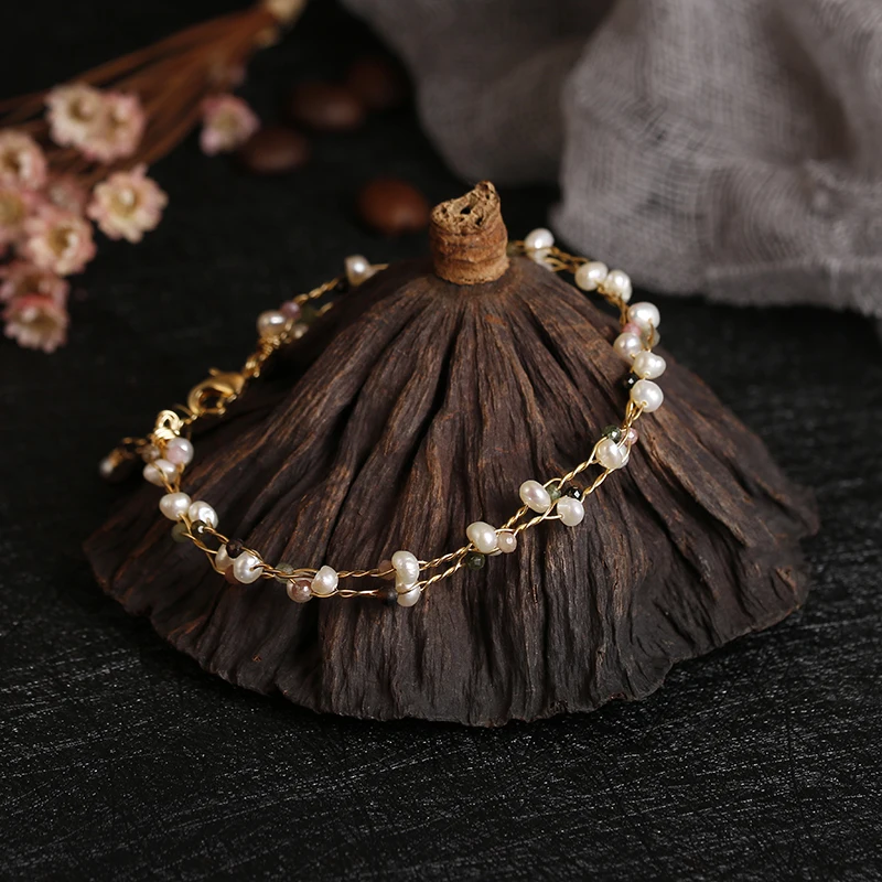 Original Handmade Aur de 14K Umplut Naturale de apă Dulce Pearl Turmalina Doamnelor Brățară Bijuterii Pentru Femei, Fete Cadou de Ziua Fierbinte