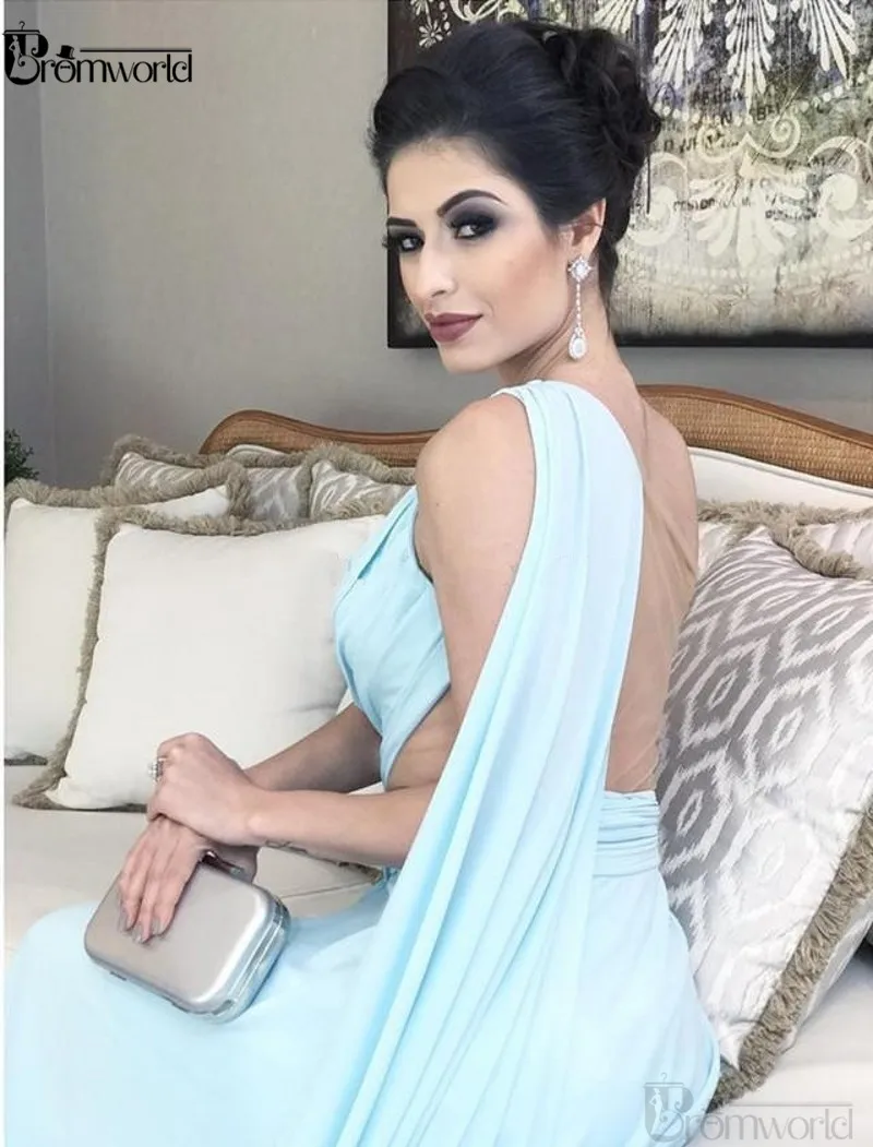 Un Umăr Lumina Cerul Albastru Rochii De Seara Cutat Șifon Etaj Lungime Arabia Arabe Prom Rochii Elegante Femei, Rochii Formale