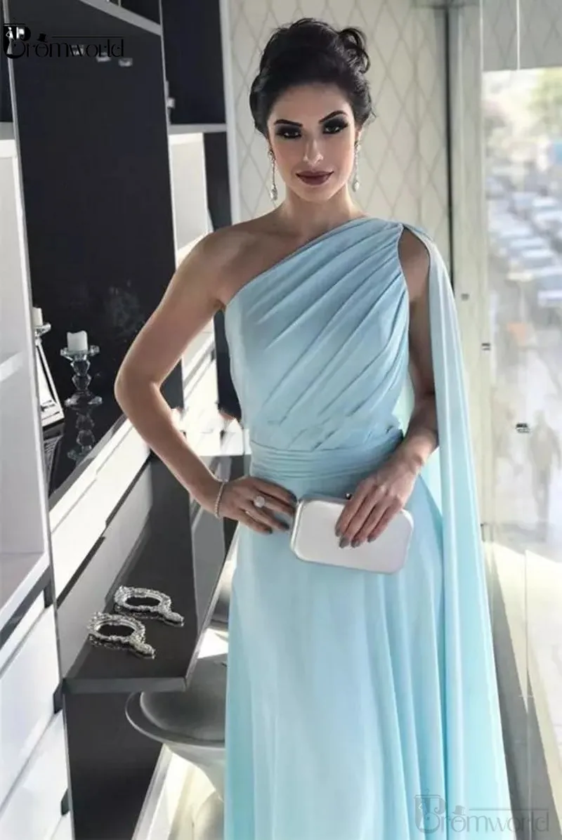 Un Umăr Lumina Cerul Albastru Rochii De Seara Cutat Șifon Etaj Lungime Arabia Arabe Prom Rochii Elegante Femei, Rochii Formale