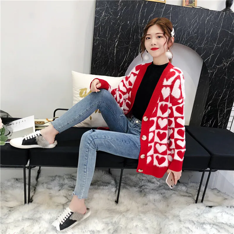 Femei Pulover Cardigan Coreea Moda Dulce Roz Inima Grafic Pulovere Tricotate Femei Butonul Cardigane 2020 Haina De Iarna