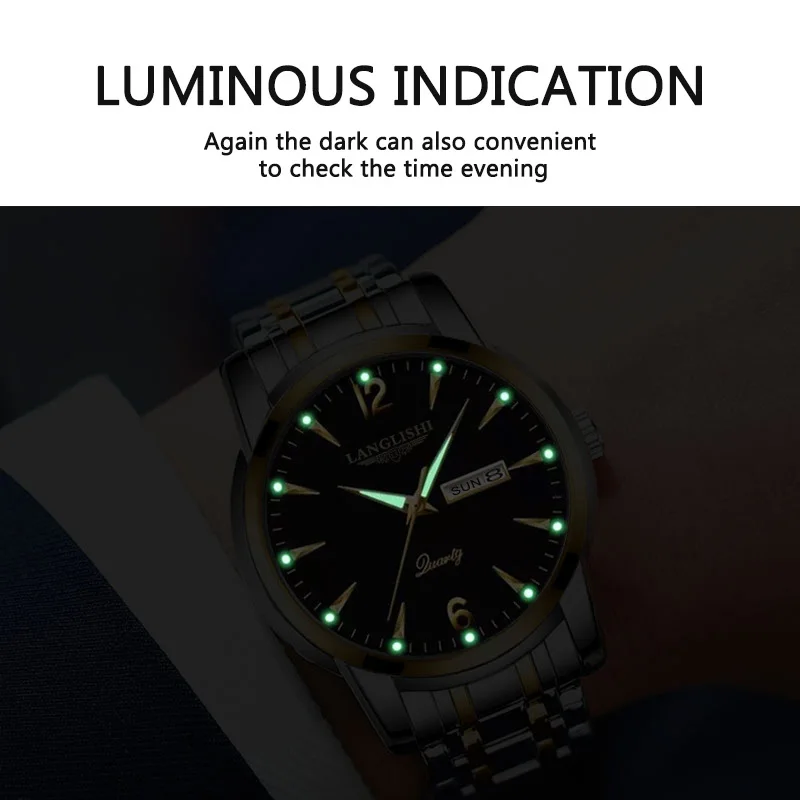 LANGLISHI Luxury Mens Ceasuri Luminos Otel Inoxidabil rezistent la apă Ceas Cuarț Bărbați Calendar de Afaceri de Ceasuri pentru barbati