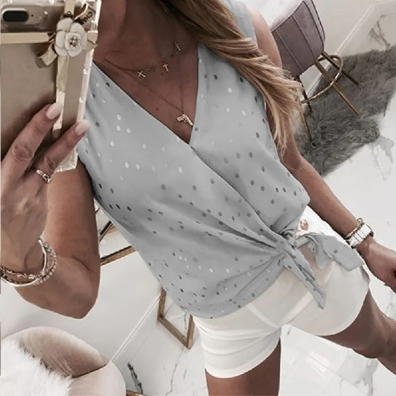 Femeile Dot Print V-Guler Solid Bluza Femei Vrac Dantelă-up fără mâneci Mozaic Topuri de Vară 2020 Casual Moda streetwear