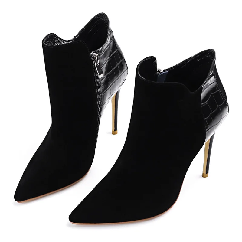 Pantofi pentru femei Glezna Cizme a Subliniat Toe Tocuri inalte Papuceii Mozaic Doamnelor Toamna Iarna Pantofi Negru zip