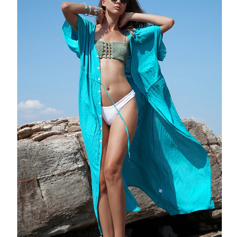 Riseado Alb Pareo Plaja Tunica Maneca Jumătate Bikini Acoperă-Up-Uri Înnodate Lung Rochie De Plaja, Costume De Baie 2021 Sexy De Vara Costume De Baie Femei