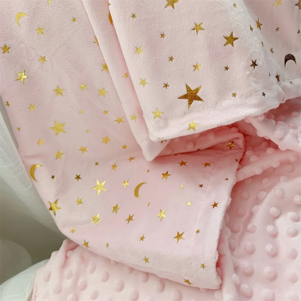 2 straturi minky dot lânii de aur, stele și lună folie de aur înstelat toddlerquilt copil pătură copil pentru copii capac spate