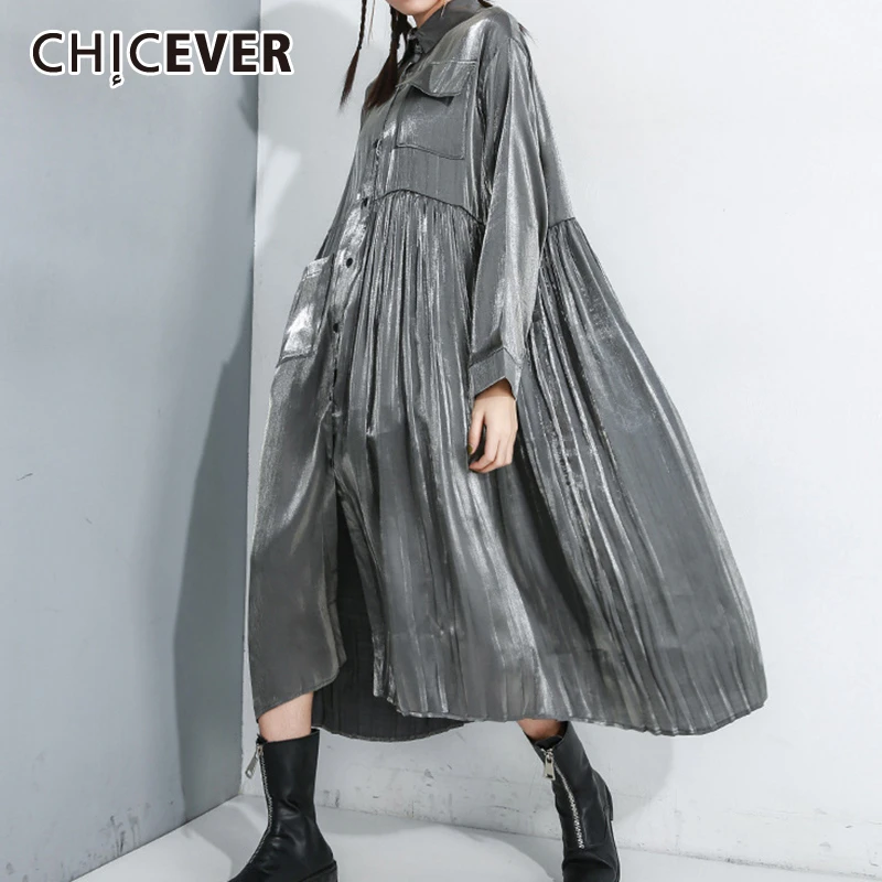CHICEVER BF Stil Chic Rochie Femei, cu Maneci Lungi Guler Rever Liber Casual Supradimensionat Midi Rochii Feminine Haine de Primăvară nouă 2020