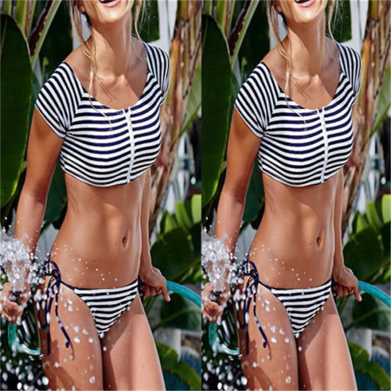 GLANE Noi Femei cu Dungi cu Fermoar Set de Bikini costume de Baie pe Plajă, Costume de baie push up monokini Sutien de Baie