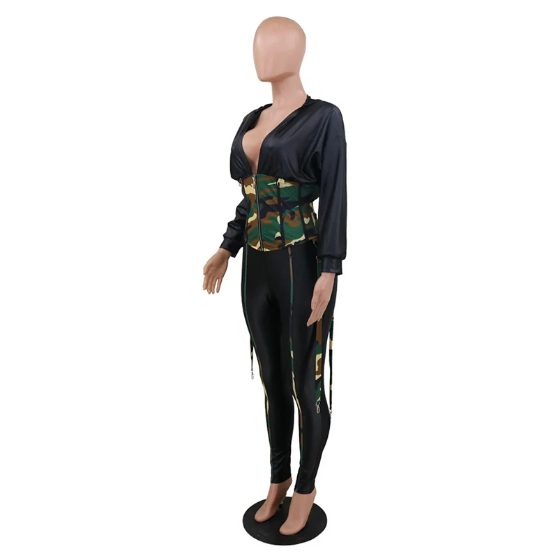 Bonnie Pădure Femei Camuflaj Imprimare Set de Corset din Piele Și Trening Set de Două Piese de Moda din Piele PU Top Sacou Și Pantaloni Seturi