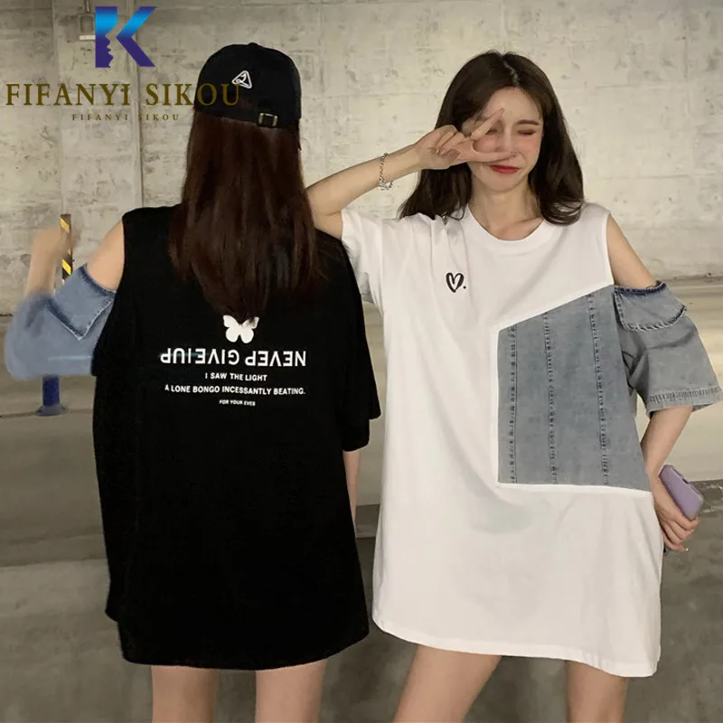 Denim Mozaic Femei Harajuku T-shirt de Pe umăr Moda de Imprimare tricou Maneca Scurta Topuri Largi de sex Feminin Vara Tricou