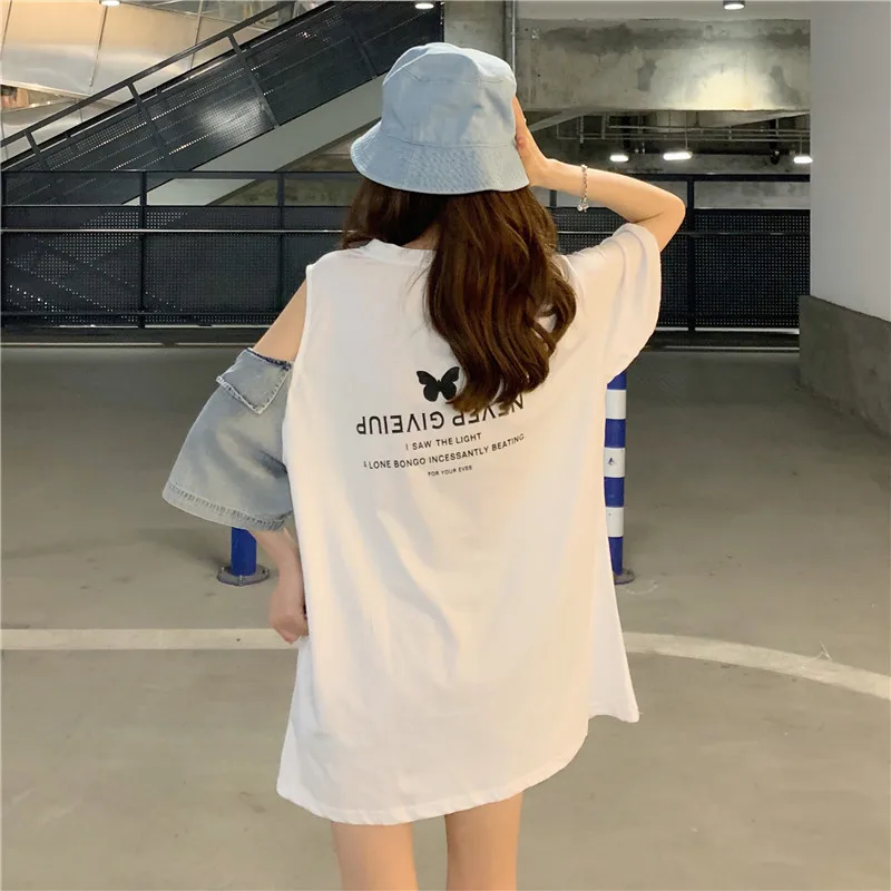 Denim Mozaic Femei Harajuku T-shirt de Pe umăr Moda de Imprimare tricou Maneca Scurta Topuri Largi de sex Feminin Vara Tricou
