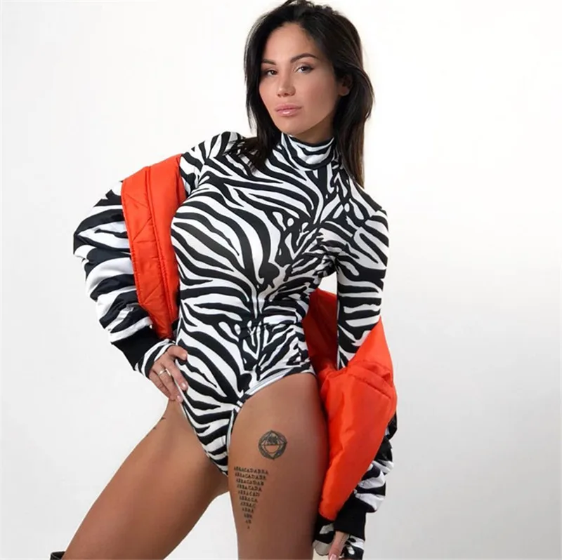 High Neck Maneca Lunga Model Zebra Sexy Body 2019 Primavara Toamna De Moda Pentru Femei Bodycon Elastic Petrecerea De Crăciun A Corpului