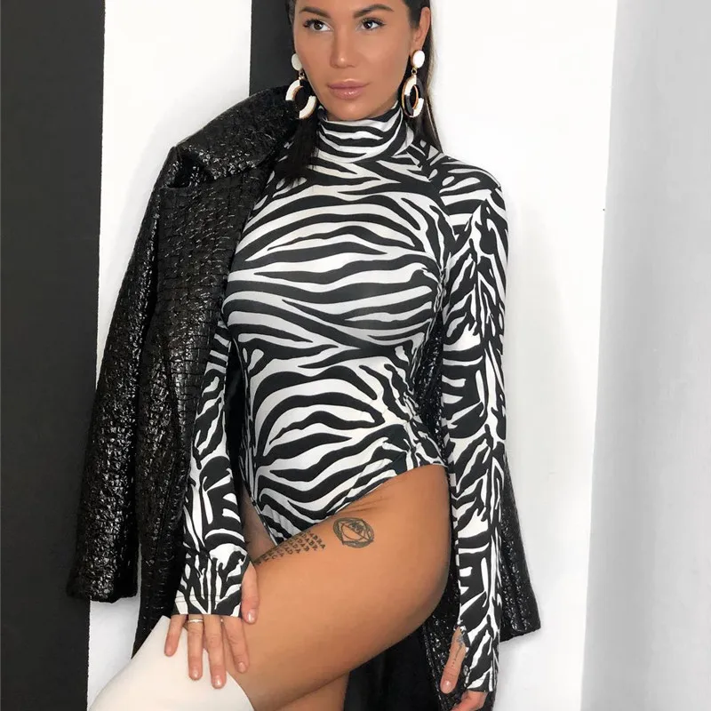 High Neck Maneca Lunga Model Zebra Sexy Body 2019 Primavara Toamna De Moda Pentru Femei Bodycon Elastic Petrecerea De Crăciun A Corpului