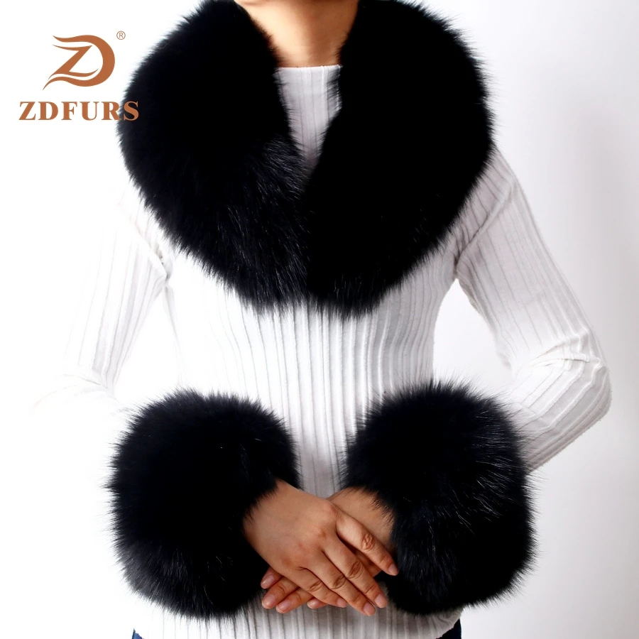 ZDFURS* 2019 New Sosire Real Blană de Vulpe / Blană de Raton Guler Mansete Femei de Moda de Iarna blana guler și manșete un set