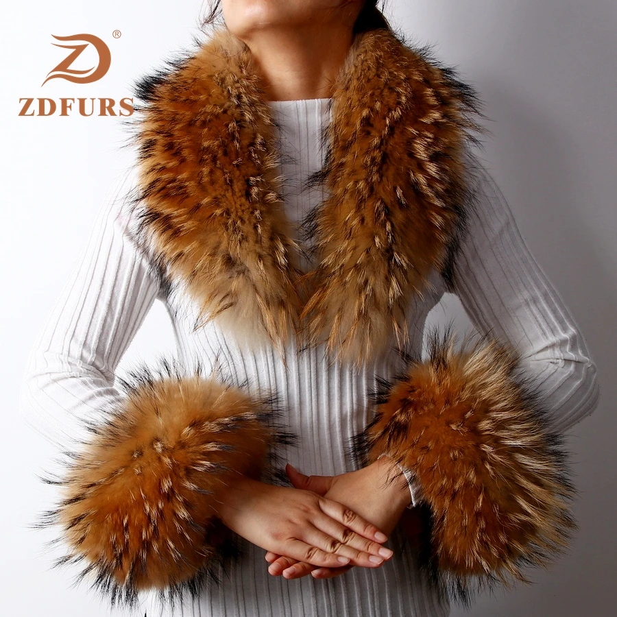 ZDFURS* 2019 New Sosire Real Blană de Vulpe / Blană de Raton Guler Mansete Femei de Moda de Iarna blana guler și manșete un set