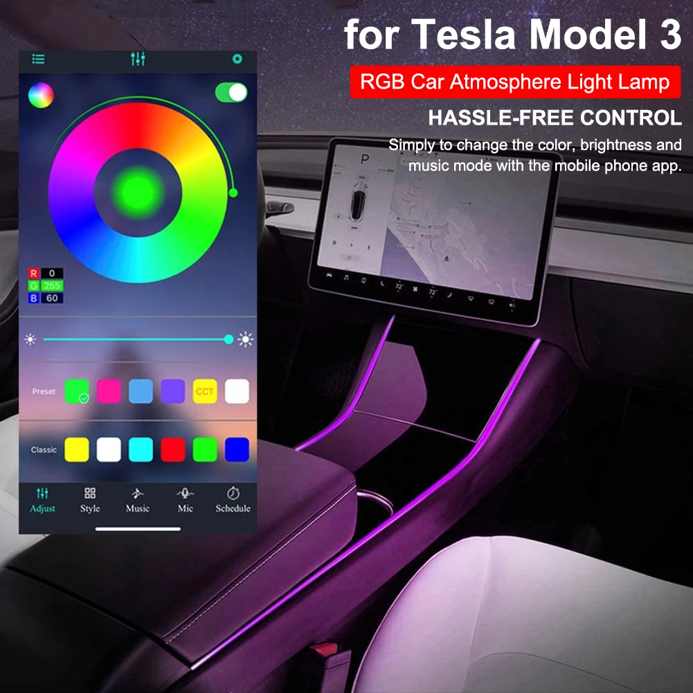 Pentru Tesla Model 3 Benzi cu LED-uri de Lumină Muti-color Sunet-activat RGB Masina Atmosferă de Lumină Lampă Panglică Flexibil Cu Bluetooth de la Distanță