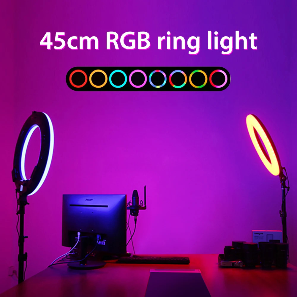 18inch 45cm Curcubeu RGB Inel de Lumina Estompat Selfie Lampa Cu Profissional Trepied Suport Telefon Clip Titularul Fotografie Vii Lumini