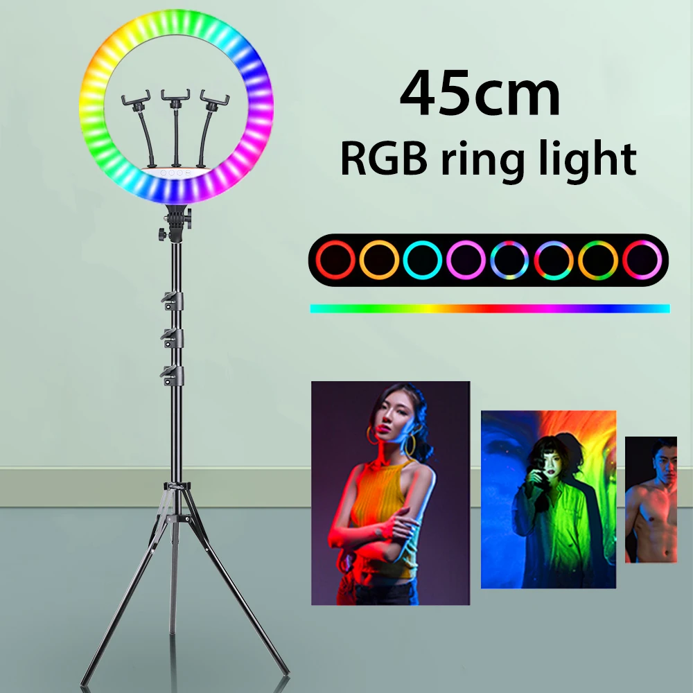 18inch 45cm Curcubeu RGB Inel de Lumina Estompat Selfie Lampa Cu Profissional Trepied Suport Telefon Clip Titularul Fotografie Vii Lumini