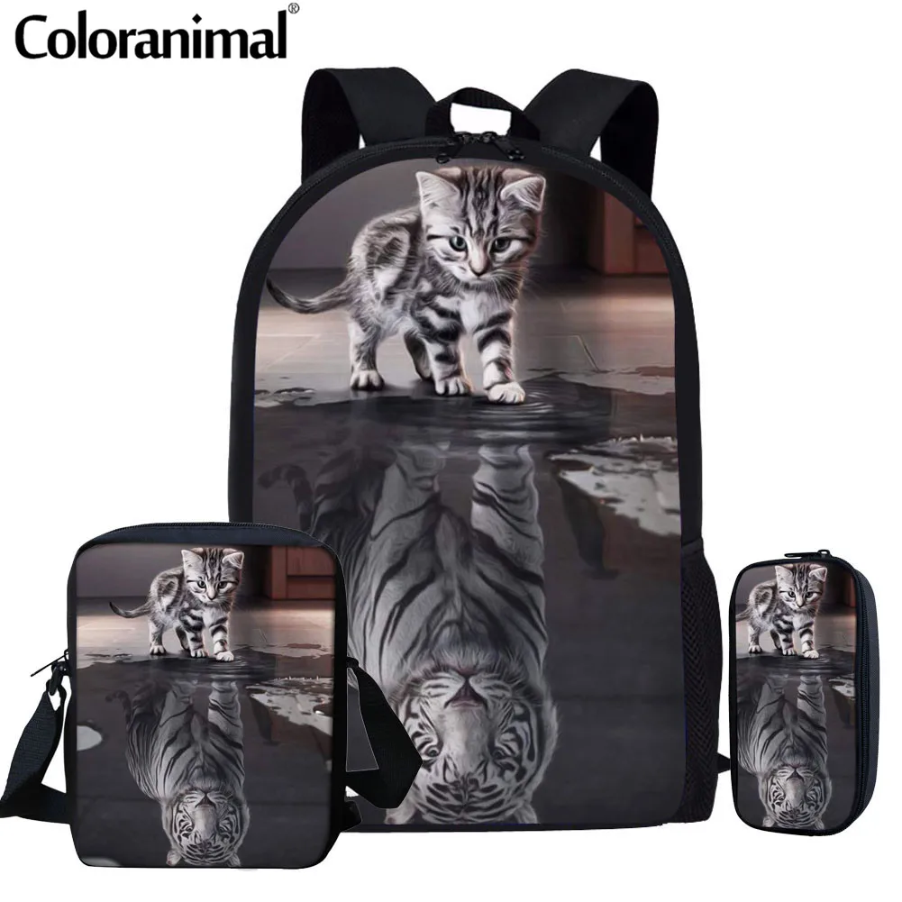 Coloranimal Pisică Drăguț Animal de Reflecție Tigru Sac de Școală Set pentru Fată, Băiat, Copii, Copii Umăr Rucsac Mare Bookbag Ghiozdan