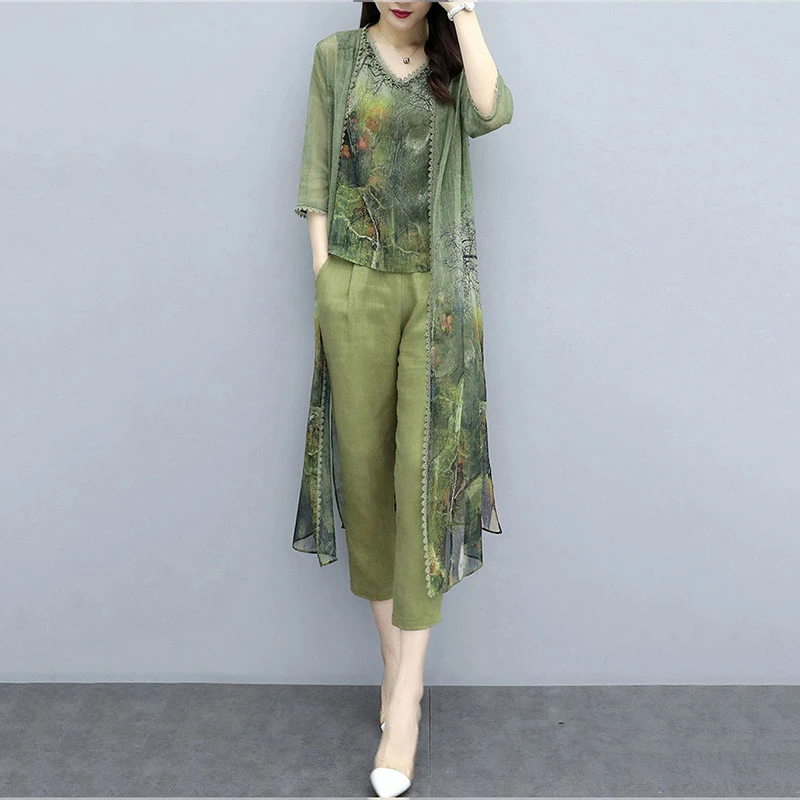 Vara Verde Sifon Imprimat 3 Seturi de Piese pentru Femei Plus Dimensiune Vesta+cardigan+trunchiate Pantaloni Costume Elegante coreean Femei Seturi de Femme