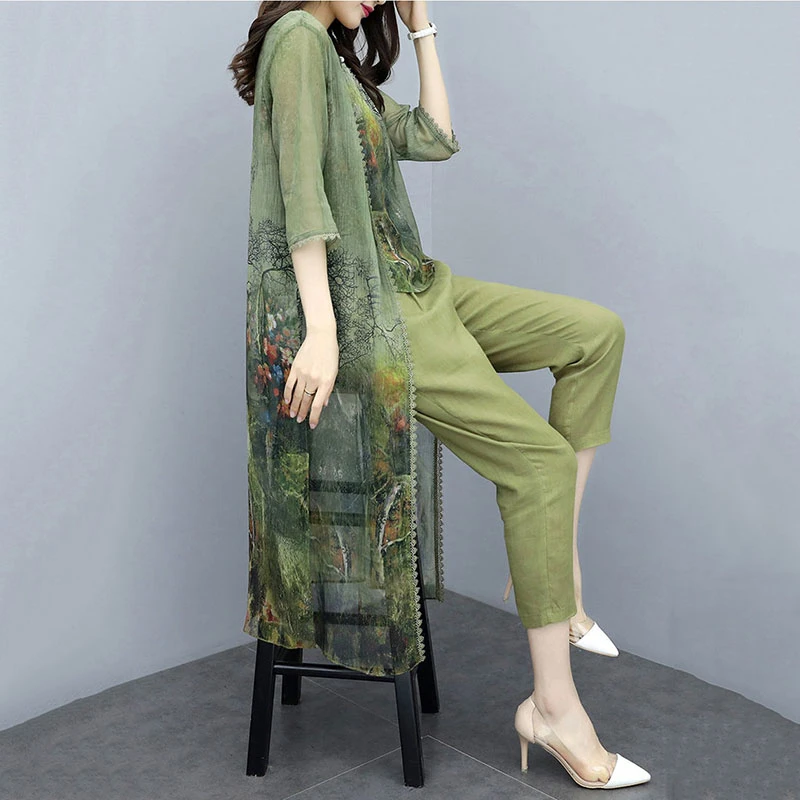 Vara Verde Sifon Imprimat 3 Seturi de Piese pentru Femei Plus Dimensiune Vesta+cardigan+trunchiate Pantaloni Costume Elegante coreean Femei Seturi de Femme