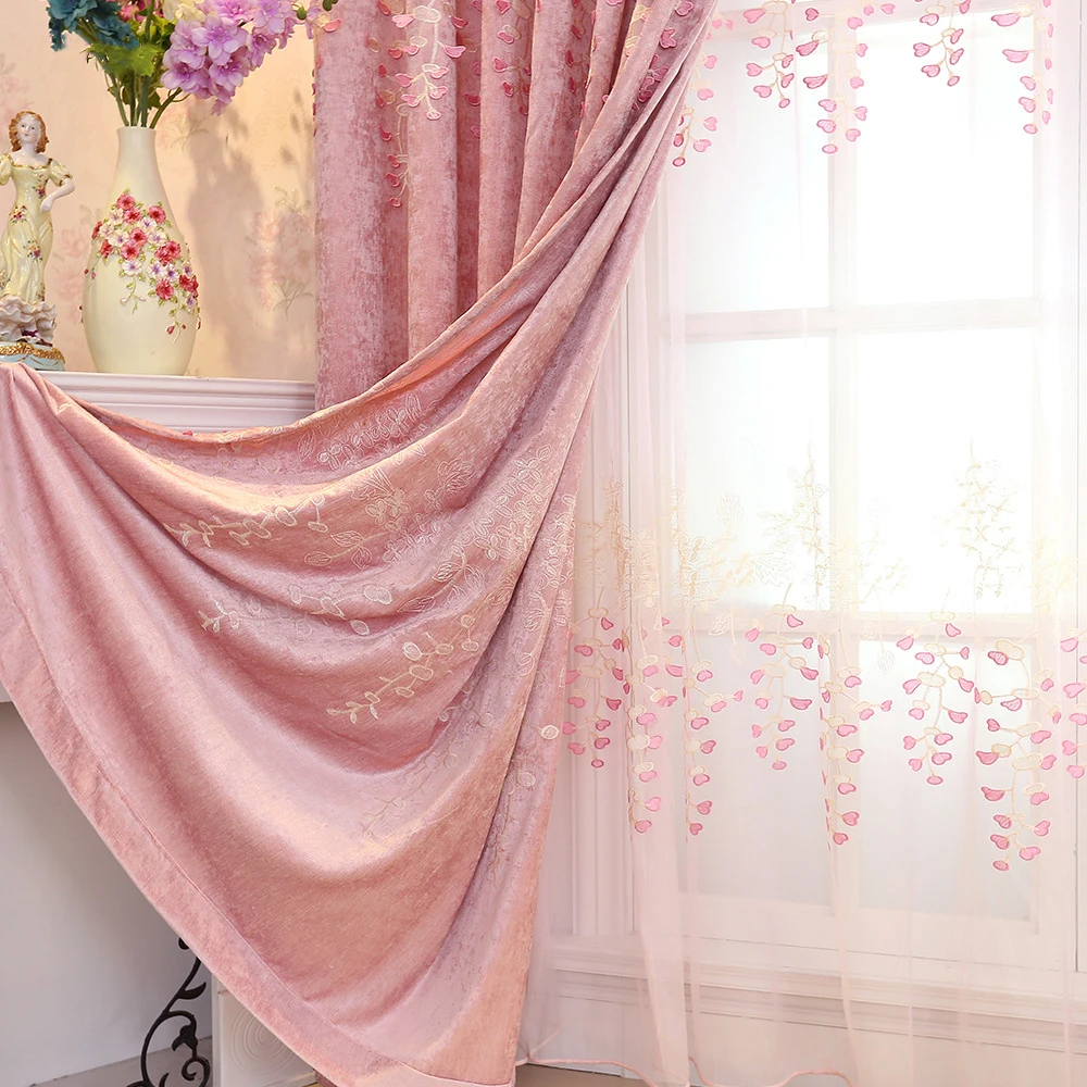 Chenille Relief Florale Roz Perdeaua de Tul Pentru Camera de zi Dormitor Broderie Opace Cortina Decora Fereastra Tratament WP189T2