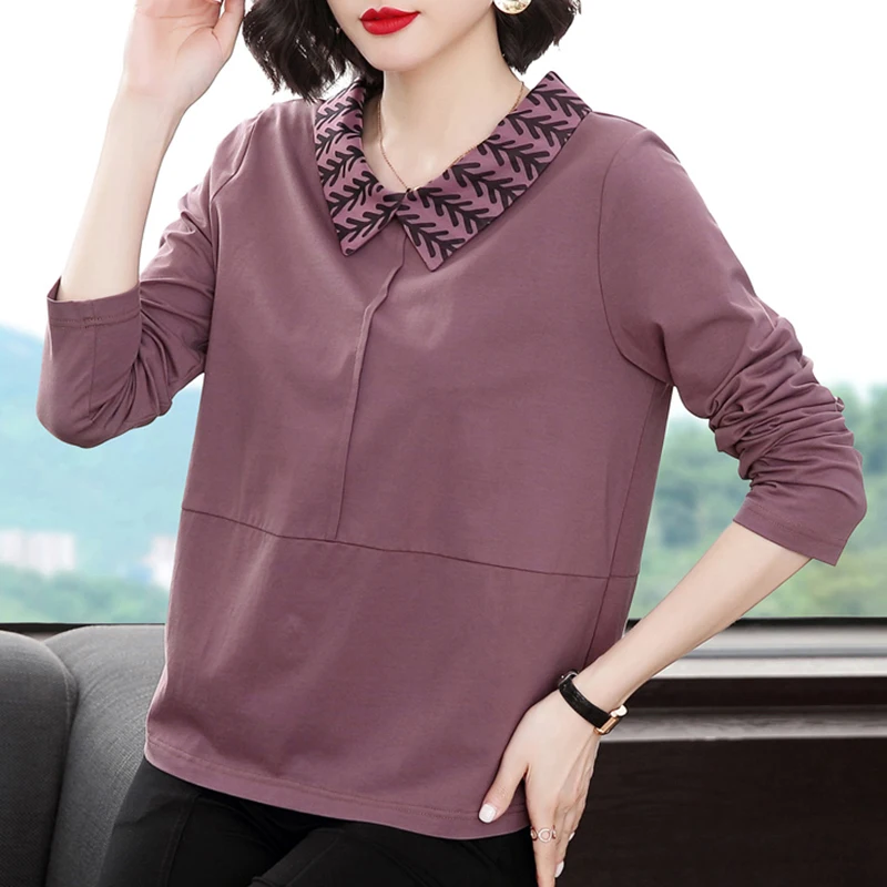 Shintimes Guler De Turn-Down Vrac Plus Dimensiune Moda Coreeană Mozaic Maneca Lunga Tricou Femei 2020 T-Shirt Din Bumbac Tricou Femme