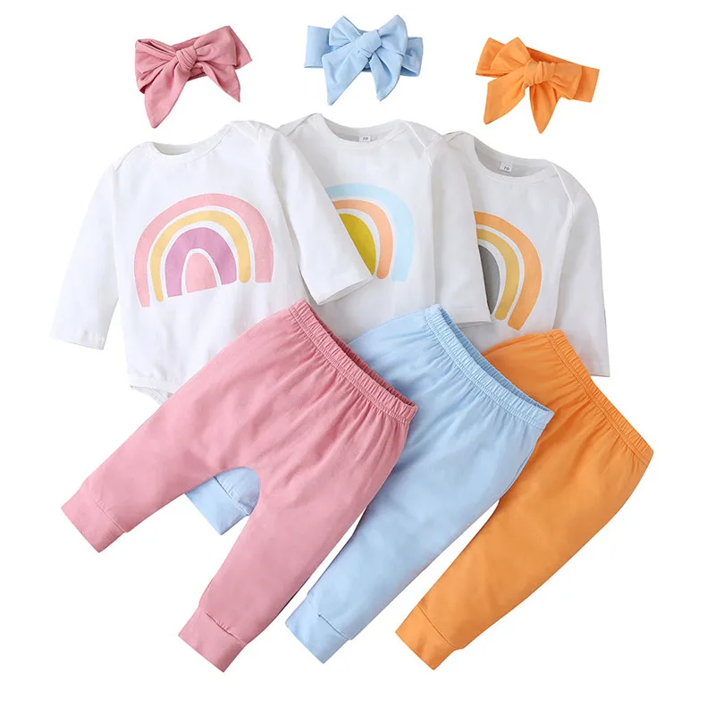 2020 de Toamna pentru Copii Rainbow Haine Copii Baieti Fete Maneca Lunga Curcubeu Print Romper Pantaloni Costum Banda de Păr 3Pcs Bumbac Set 3-18M