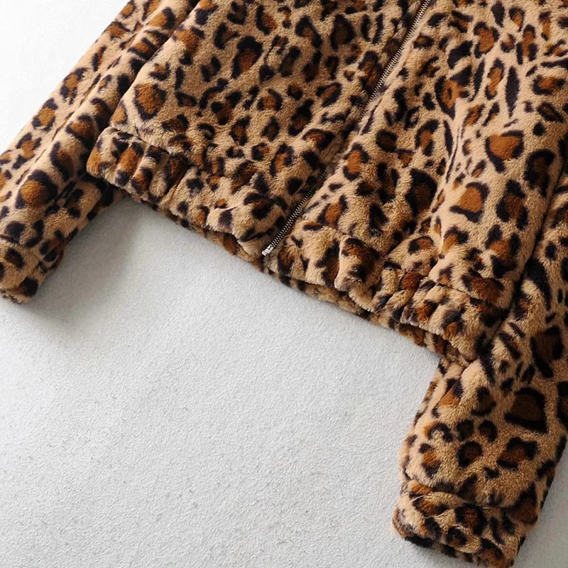 Vangull Femei Leopard Geaca Maneca Lunga O-gât Imprimate cu Fermoar Rândul său, în Jos Guler de Pluș Sacou Femei de Moda Toamna Iarna Haina