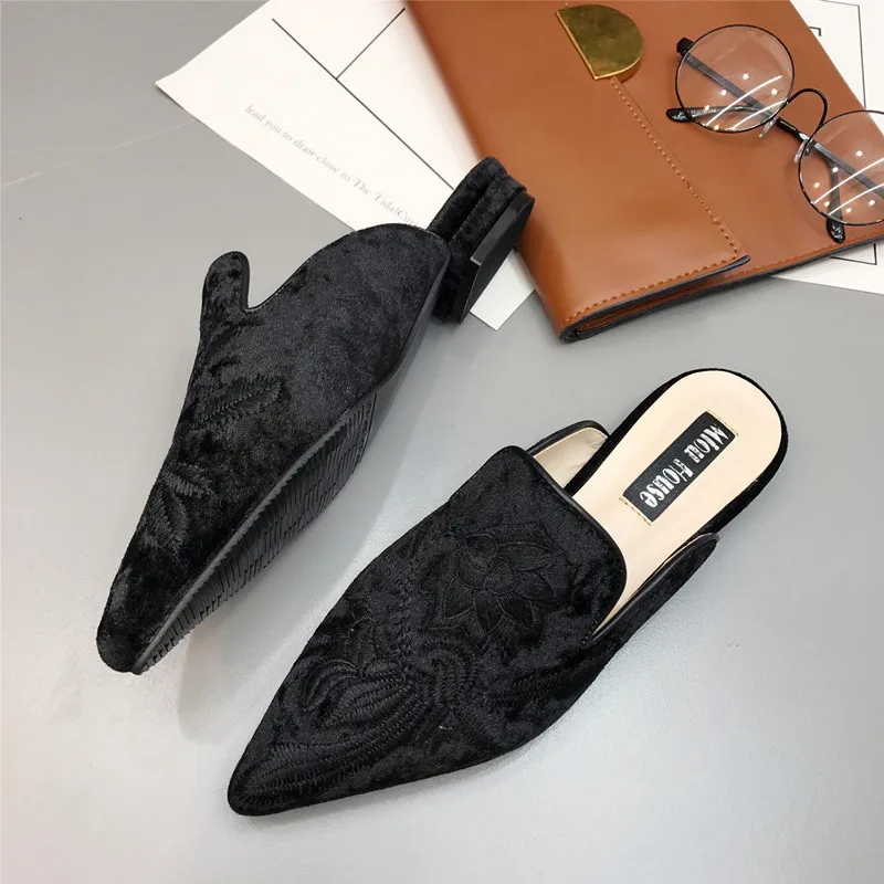 2020 Nou Stil Muller Swan Mătase Brodate Petală a Subliniat-Toe Închis-toe Pantofi Plat pentru FEMEI de Vara, Papuci de casă