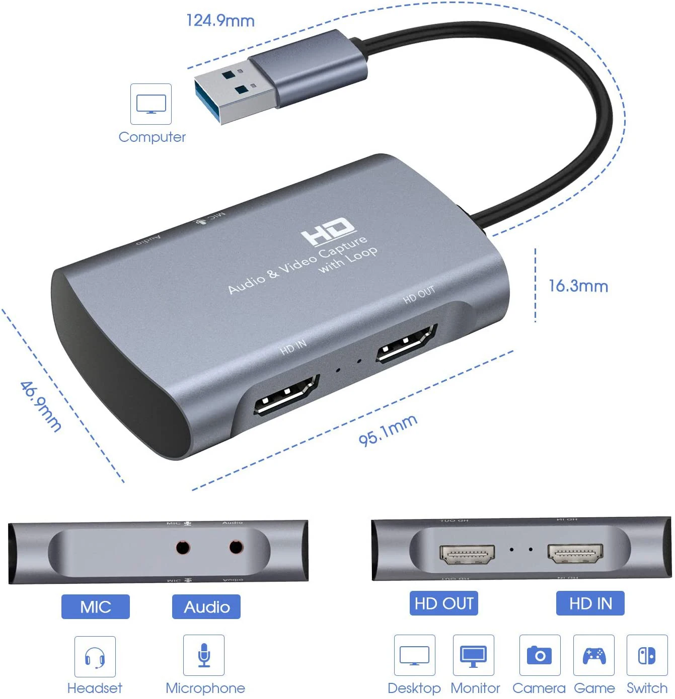 Y&H HDMI-Joc compatibil cu placa de Captura HD 1080P 60FPS Înregistrare Live Streaming Video Grabber cu HDMI Loop out,Mic-In și Audio Out