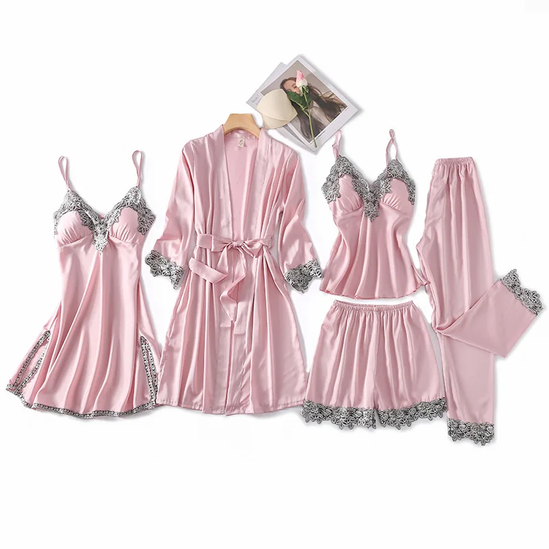Culoare solidă Femei Pijama Set Sexy de Dantelă de Mătase, Satin Smoooth Sleepwear Uzura Acasă Confortabil Respirabil 5PCs îmbrăcăminte de noapte Set