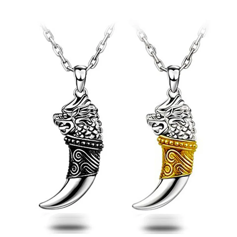 Argint 925 moda lup design dinte bărbați pandantiv coliere bijuterii lanț scurt bărbat cadou picătură de transport maritim