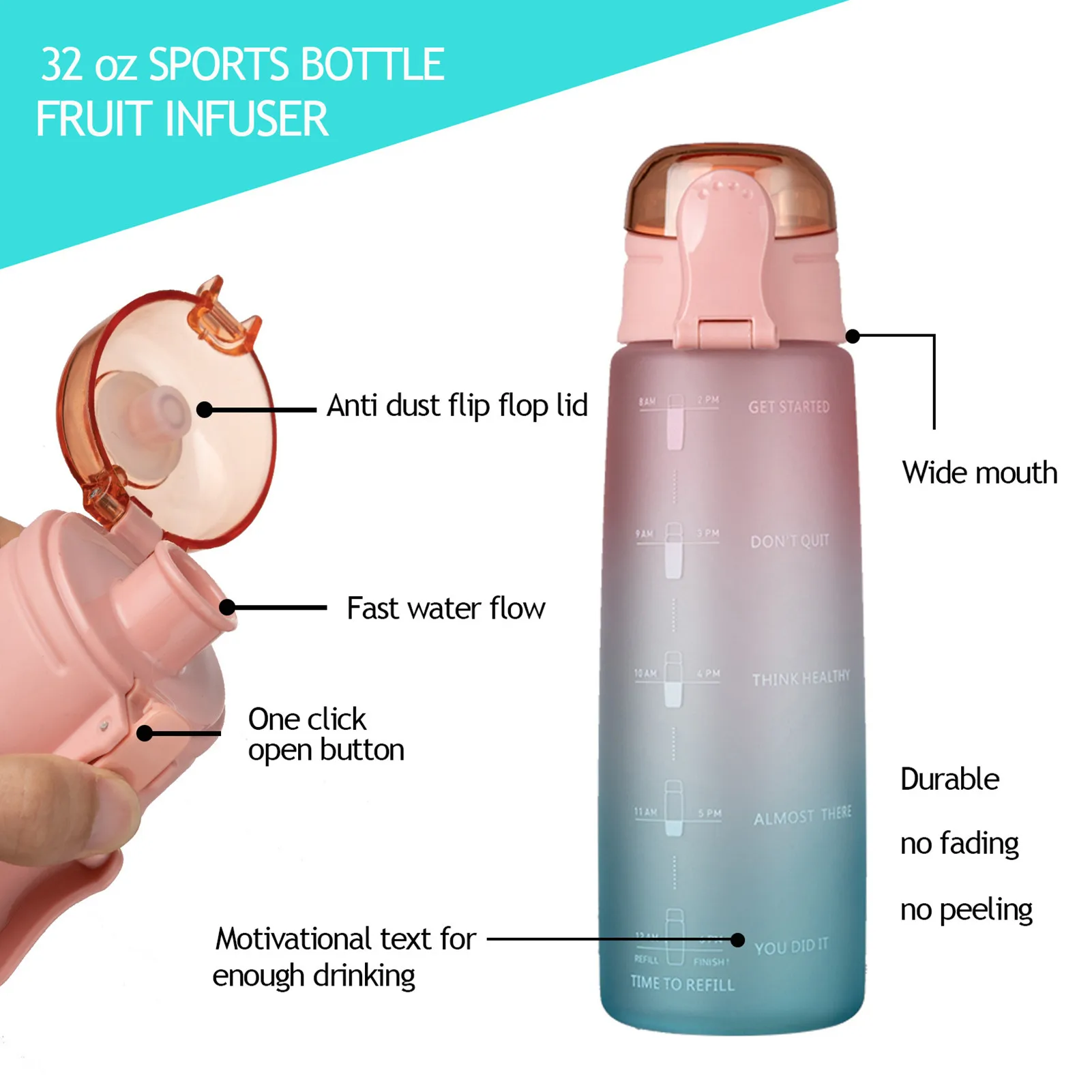 Fitness Sticla de Sport Inovatoare Motivaționale 32OZ Spațiu Cupa Creative Culoare Gradient Material Viguros Cana de Apa în aer liber