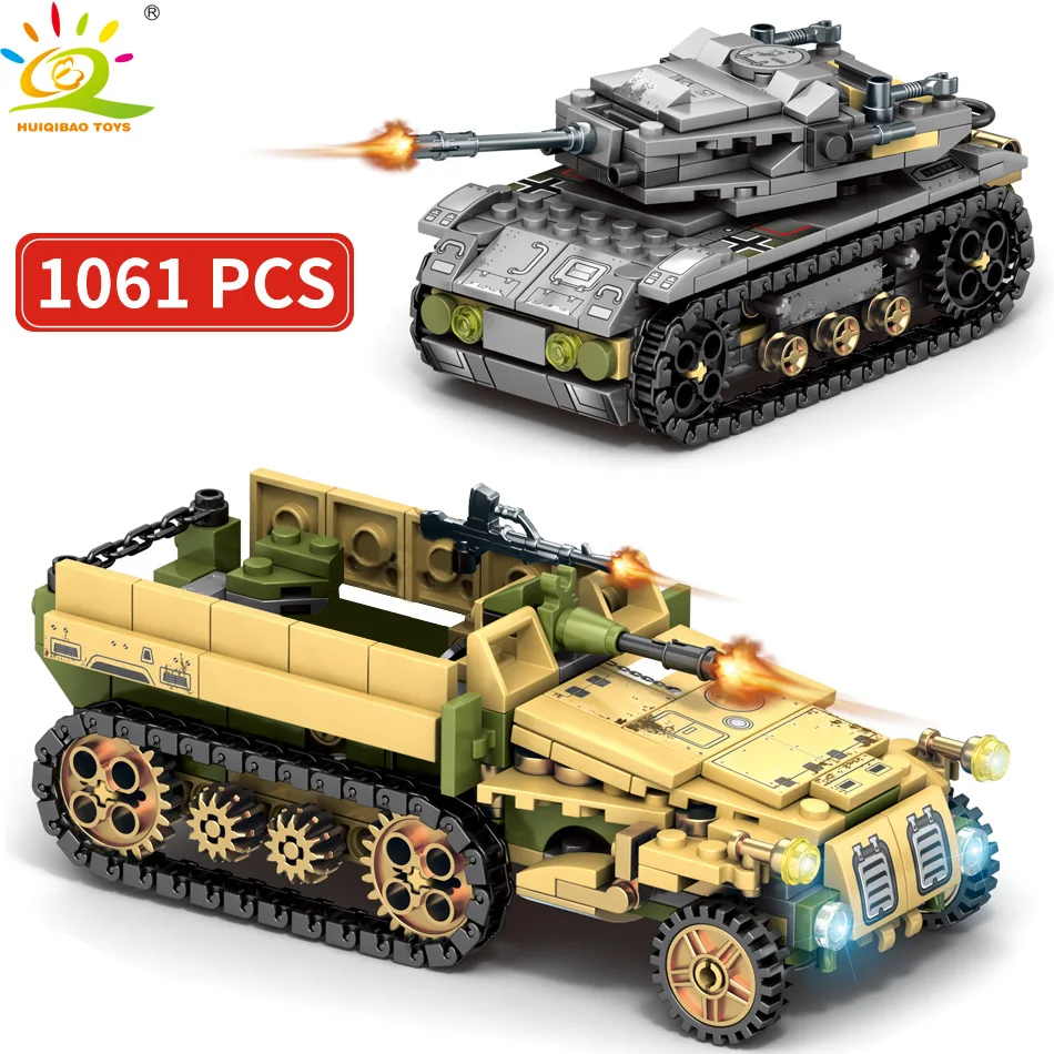 HUIQIBAO JUCĂRII 1061pcs Armata Jumătate a Urmări Vehiculele Blindate de Blocuri de Constructii Pentru Copii Baieti Tancuri Militare Camion de Cărămizi