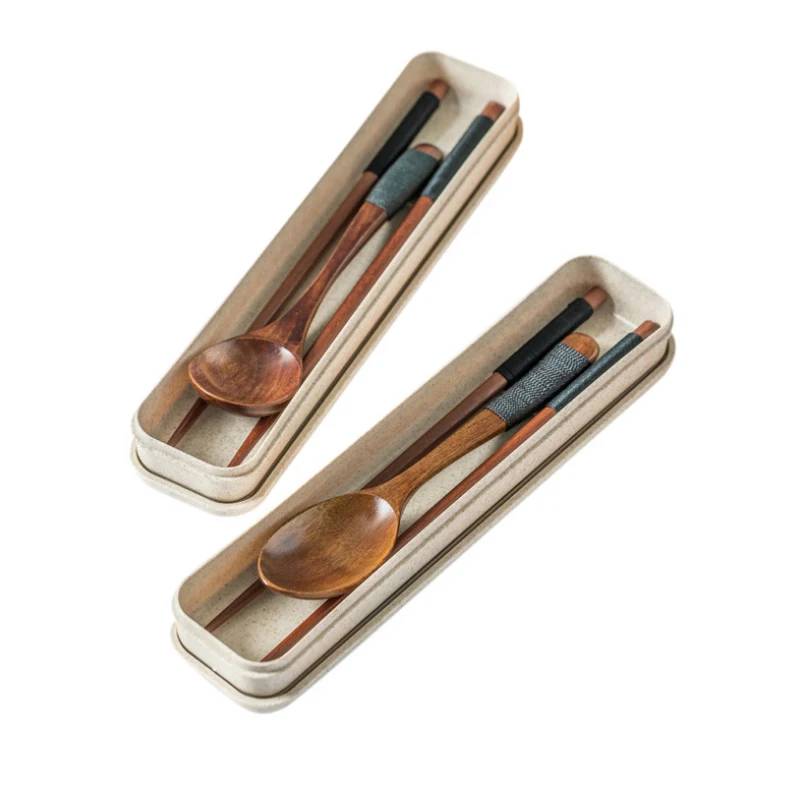 Stil japonez din lemn, bețișoare lingura tacâmuri set Convenabil student copii bețișoare lingura reutilizabile cu tacâmuri cutie