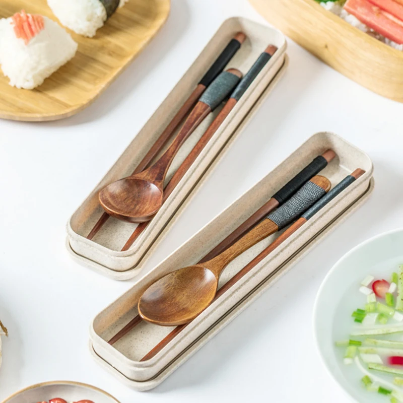 Stil japonez din lemn, bețișoare lingura tacâmuri set Convenabil student copii bețișoare lingura reutilizabile cu tacâmuri cutie