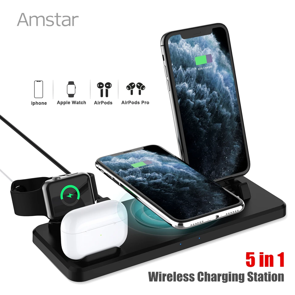 Amstar 15W Qi Wireless Charger pentru iPhone 12 11 Pro Max 12 Mini XS AirPods Pro 5 in 1 Wireless Rapidă Stație de Încărcare pentru Samsung
