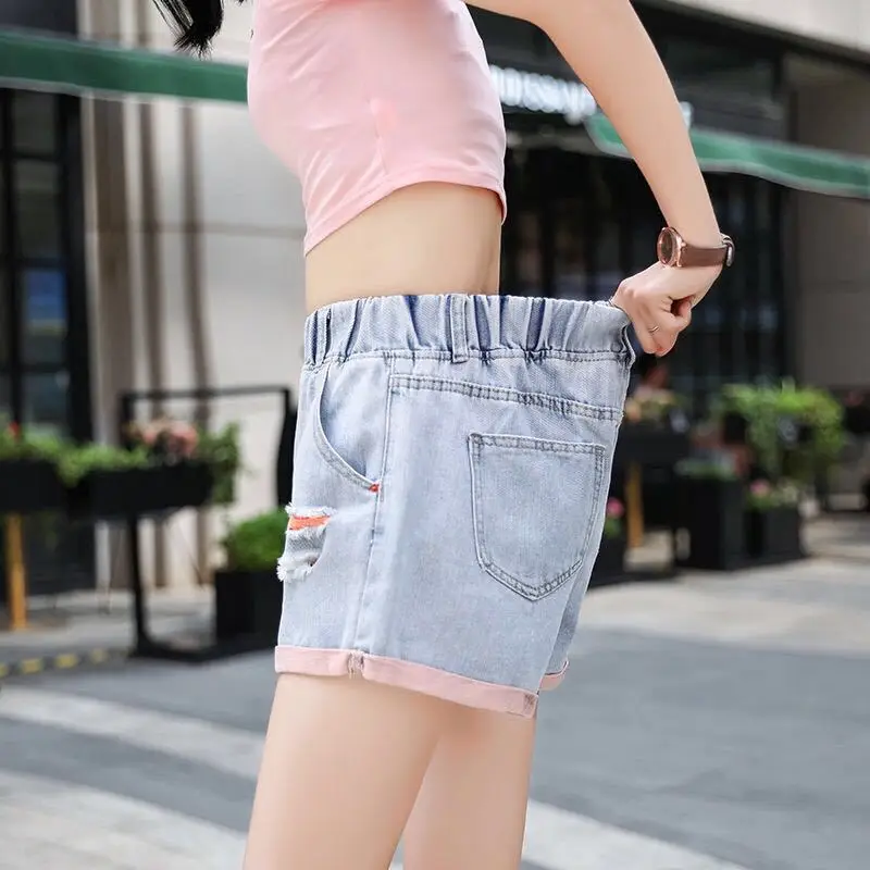 New Sosire Coreea Moda Femei Mare Elastic Talie Pantaloni Scurți De Blugi Largi Gaura Vintage Denim Pantaloni Scurți Pentru Plus Dimensiune Casual Pantaloni Scurti D216