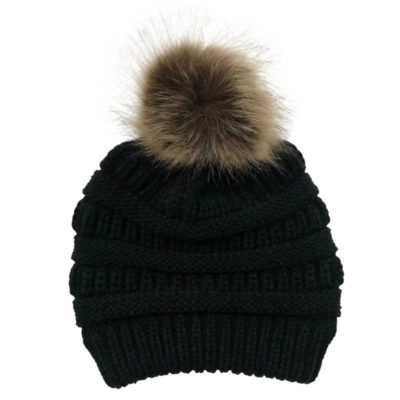 Femei Iarna Chunky Knit Beanie Hat cu Detașabil Pom Pom Gol Criss Cross Murdar Coc, Coada de cal de Mare Întindere Cap de Craniu
