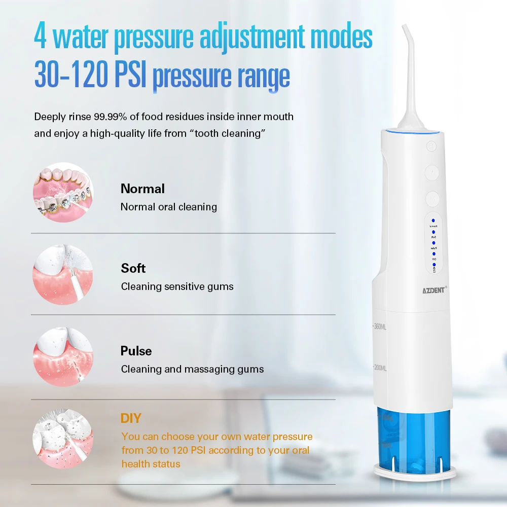 AZDENT Electrice Portabile Irigator Oral Curat Dintii 4 Moduri de Apa Dentare ața dentară 360ml Rezervor de Apă 5 Jet Sfaturi Baterie de 2000mAh