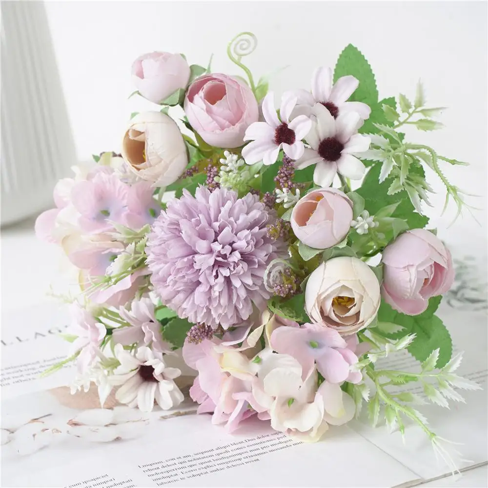 INS nordice, mixte artificiale buchet de flori ceai boboci de trandafir, hortensie flores acasă decorare nunta mireasa mână exploatație flori