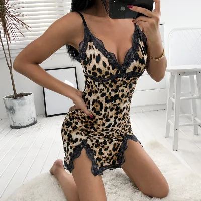 Daeyard Rochie Din Satin Femei Sexy Leopard Lace Mozaic Cămașa Fără Mâneci Split Rochie Sleepwear Slim Fit Rochie De Club Rochie
