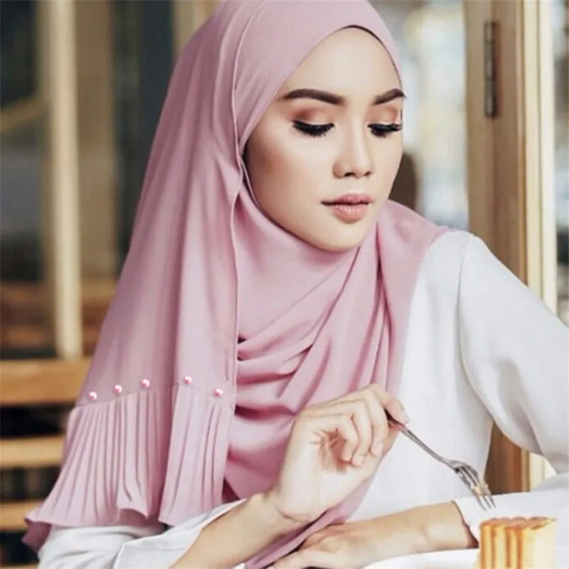72*185cm trendy sifon perle eșarfă pentru femei musulmane mototoli hijab femme musulmani vălului islamic foulard șaluri, eșarfe cap