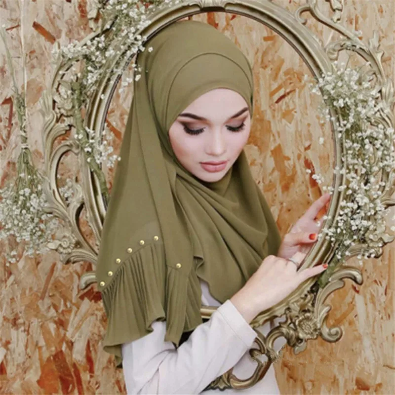 72*185cm trendy sifon perle eșarfă pentru femei musulmane mototoli hijab femme musulmani vălului islamic foulard șaluri, eșarfe cap